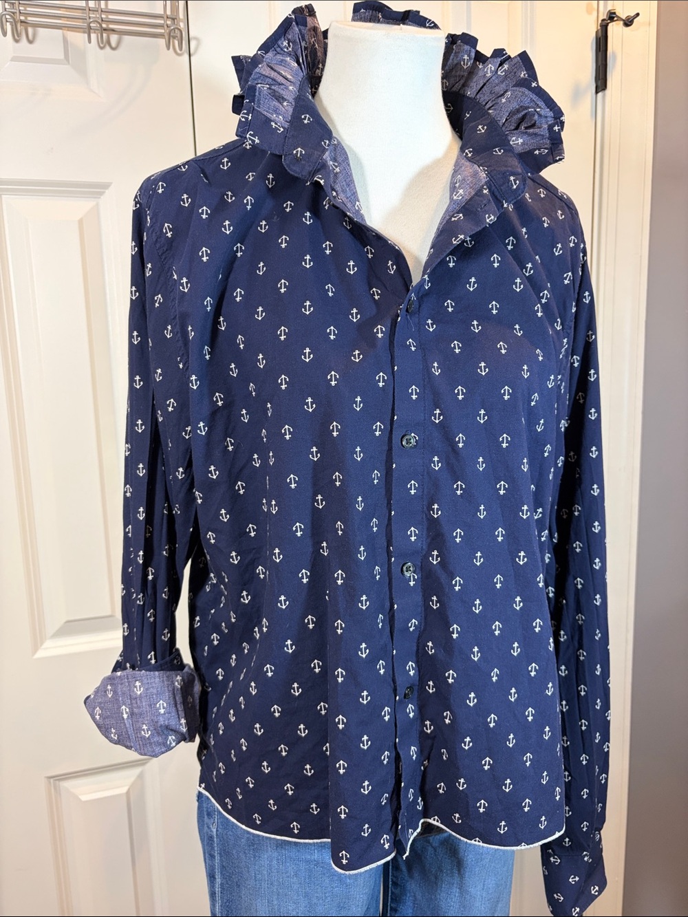 Upcycled, H&M Navy Button-Down Shirt with White Anchor Print